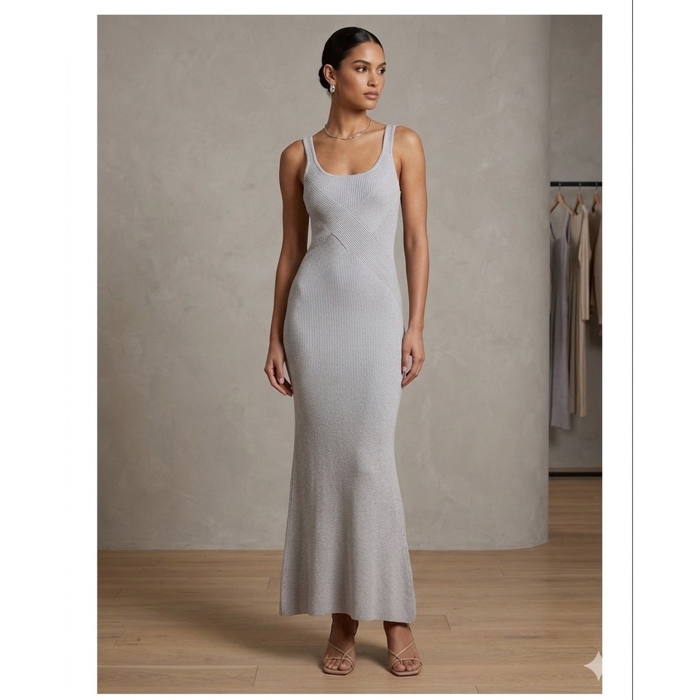 FRESHMAN 1996 Grey Ribbed Knit Maxi Tank Dress Spaghetti Strap Seamless Fit XS